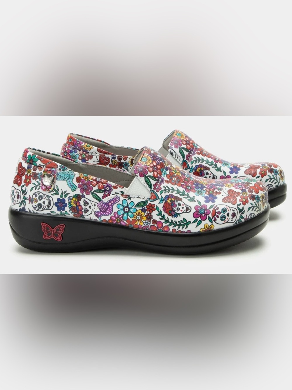 Alegria Keli Ofrenda White Sugar Skull Floral Leather Slip On Shoes Clogs 10